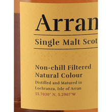 Load image into Gallery viewer, Arran Sauternes Cask Finish single malt whisky label detail showing Lochranza and distillery coordinates