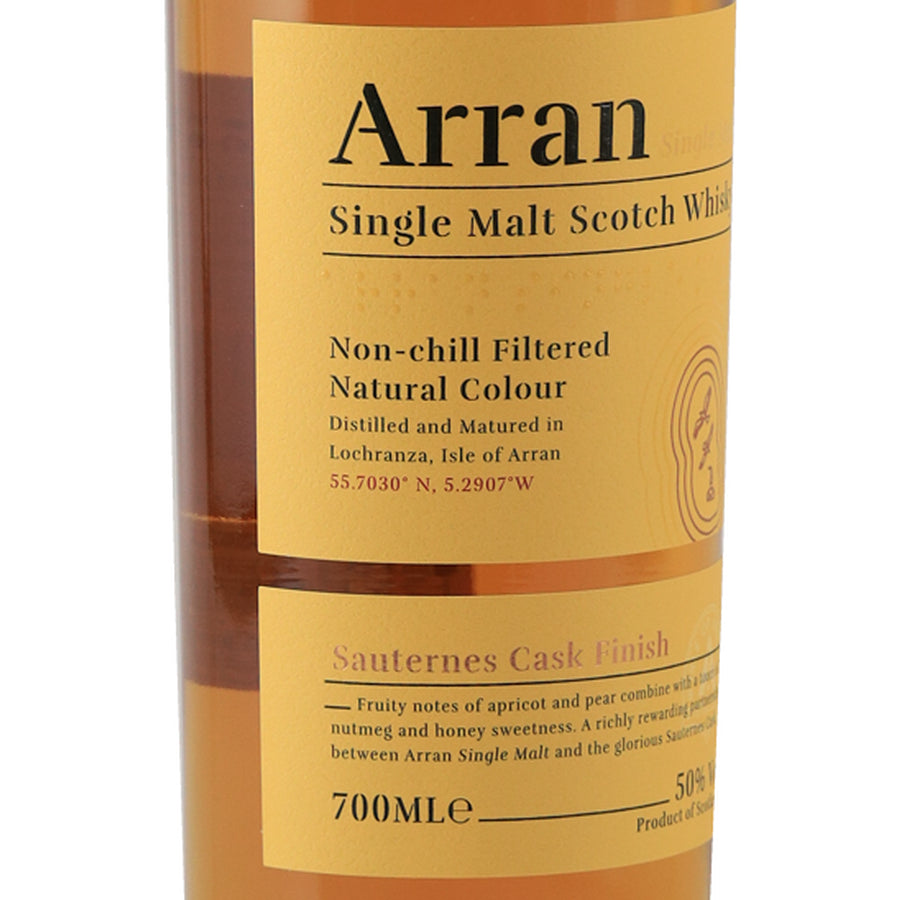 Arran Sauternes Cask Finish single malt whisky angled yellow label, left view