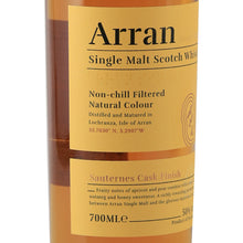 Load image into Gallery viewer, Arran Sauternes Cask Finish single malt whisky angled yellow label, left view