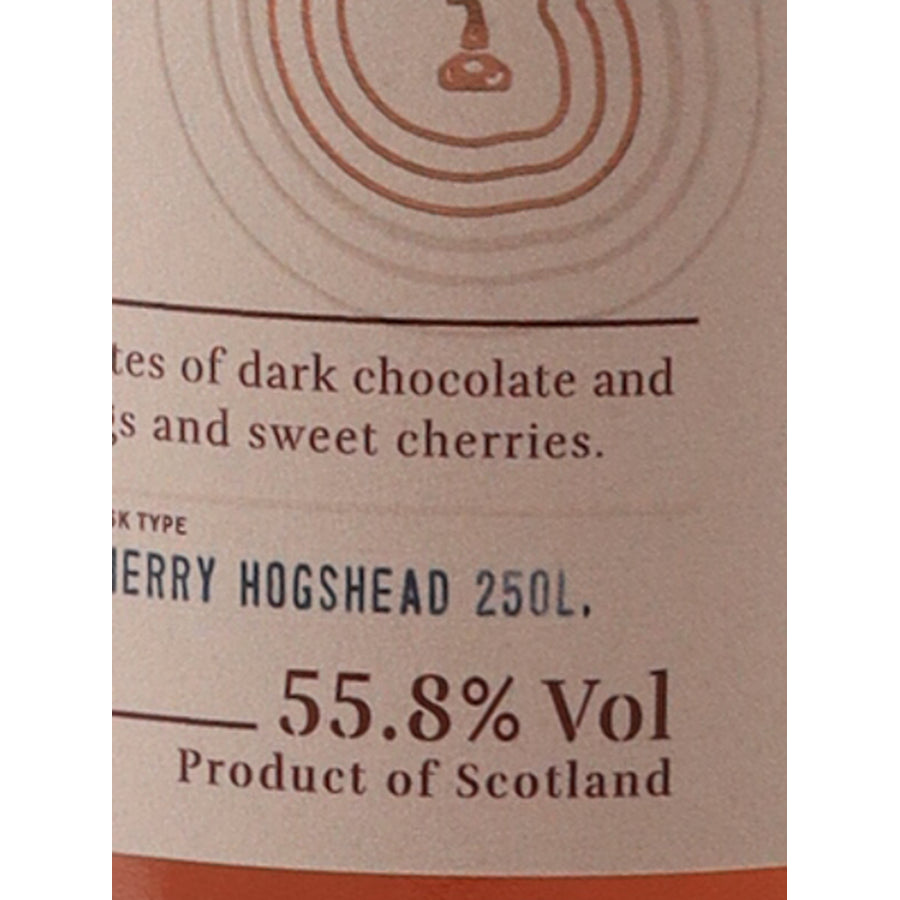 Arran Sherry Cask 700ml single malt whisky, label detail showing 55.8% ABV and sherry hogshead cask
