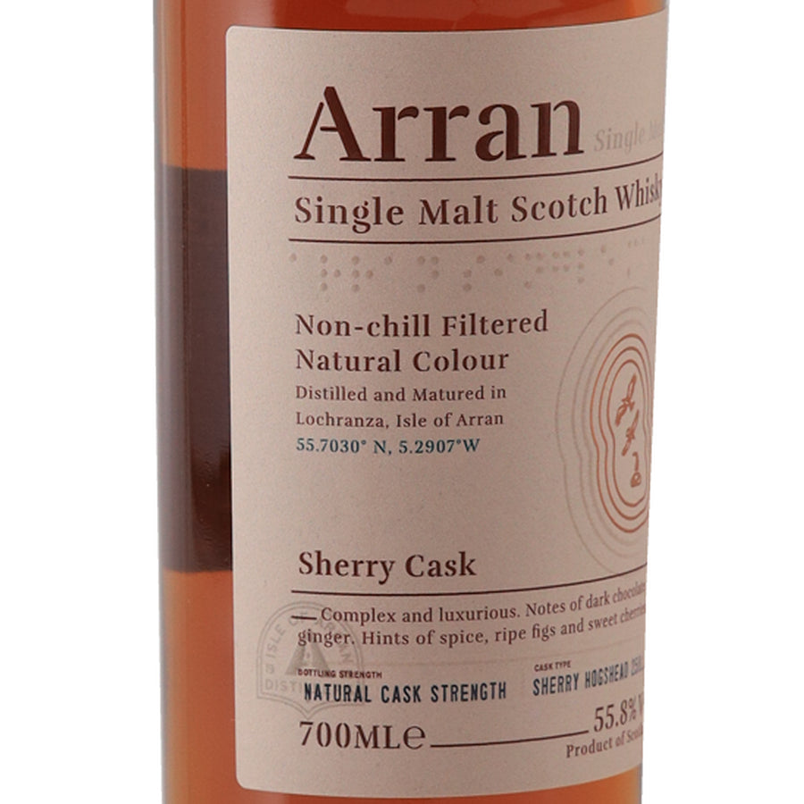 Arran Sherry Cask 700ml single malt whisky, left side of front label