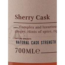 Load image into Gallery viewer, Arran Sherry Cask 700ml single malt whisky, label detail showing natural cask strength and 700ml size