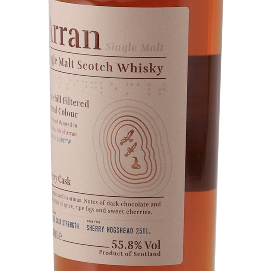 Arran Sherry Cask 700ml single malt whisky, right side of front label with 55.8% ABV
