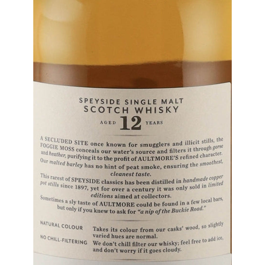 Aultmore 12 Year Old single malt Scotch whisky back label describing the whisky and stating natural colour and no chill-filtering