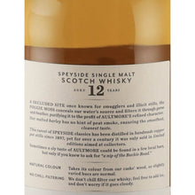 Load image into Gallery viewer, Aultmore 12 Year Old single malt Scotch whisky back label describing the whisky and stating natural colour and no chill-filtering