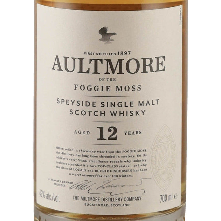 Aultmore 12 Year Old single malt Scotch whisky front label with Foggie Moss branding and 12 year age statement