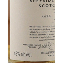 Load image into Gallery viewer, Aultmore 12 Year Old single malt Scotch whisky label close-up showing 46% alcohol by volume