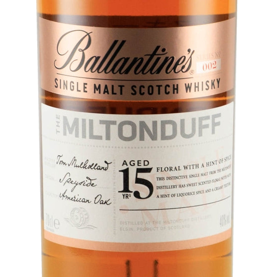 Ballantine's Miltonduff 15 Year Old single malt whisky, Miltonduff 15 year front label
