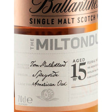 Load image into Gallery viewer, Ballantine's Miltonduff 15 Year Old single malt whisky, Speyside origin and American oak cask label detail