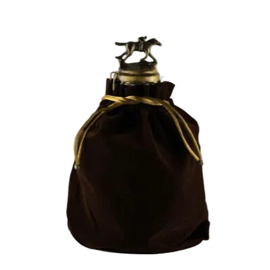 Blanton's Takara Red Japan Edition bottle in a dark drawstring bag with gold cord and horse-and-jockey stopper