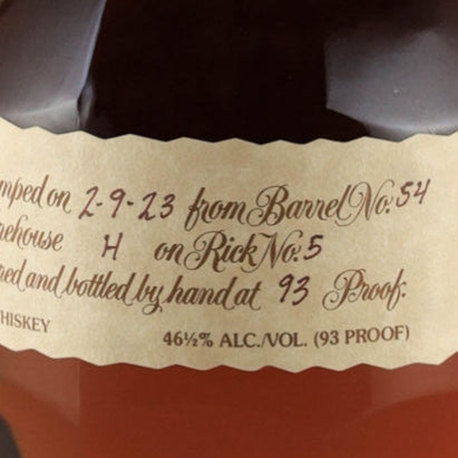 Blanton's Takara Red label close-up showing barrel 54, warehouse H, rick 5 and 46.5% ABV, 93 proof