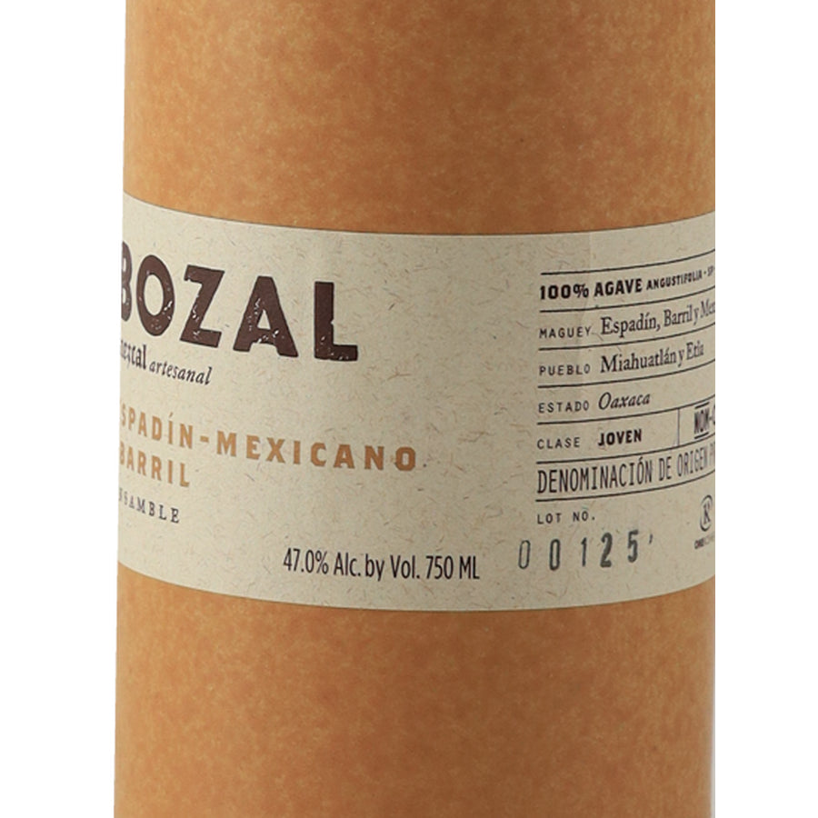 Bozal Ensamble artisanal mezcal Espadin Mexicano Barril - right label angle