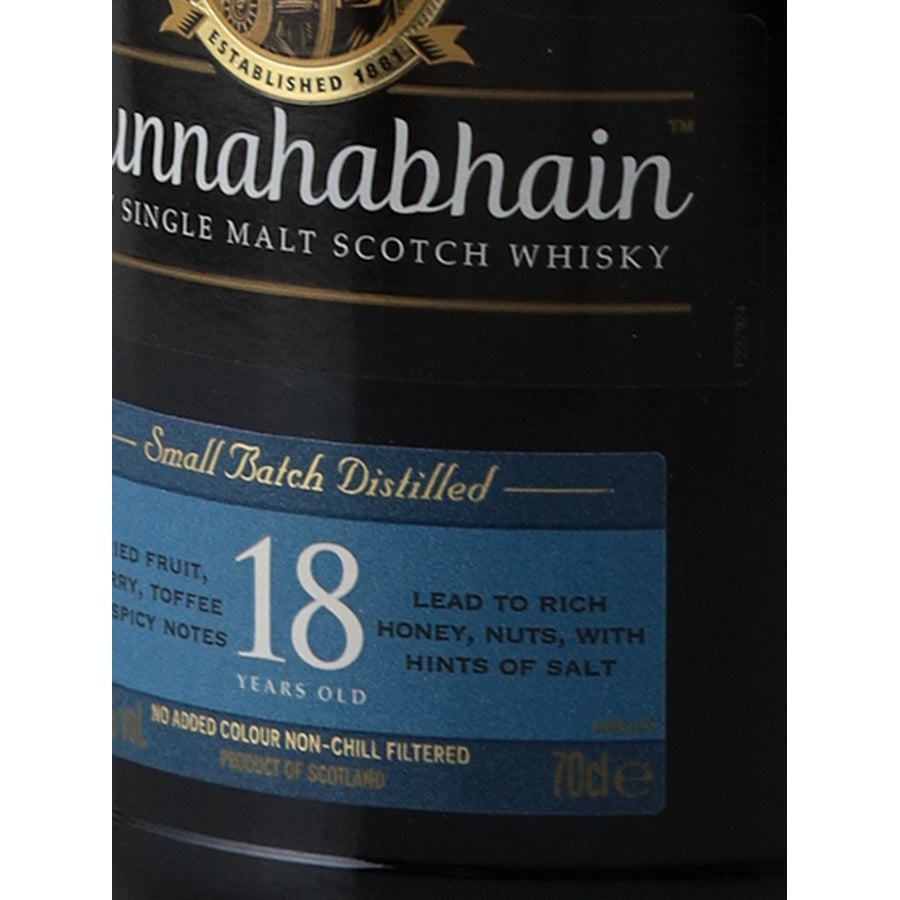 Bunnahabhain 18 Year Old 700ml Islay Single Malt Scotch Whisky - age and volume label
