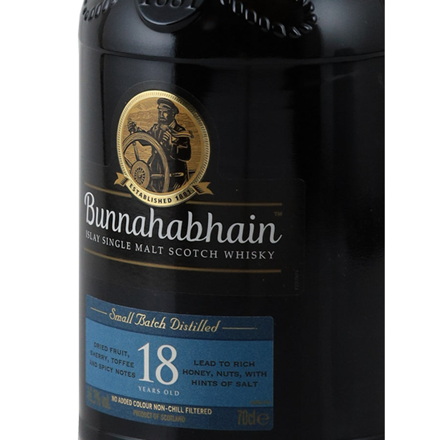 Bunnahabhain 18 Year Old 700ml Islay Single Malt Scotch Whisky - front label right angle