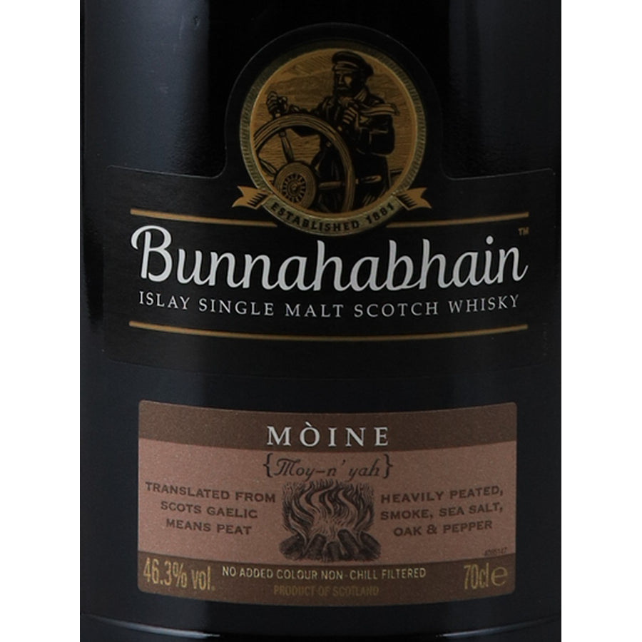 Bunnahabhain Moine Islay single malt whisky, Moine front label