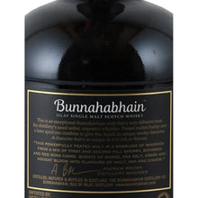 Load image into Gallery viewer, Bunnahabhain Moine Islay single malt whisky, rear label on the bottle shoulder