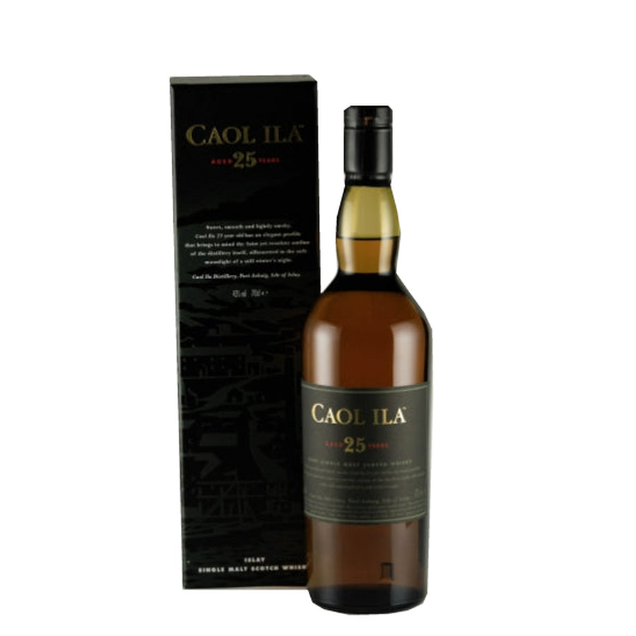 Caol Ila 25 Year Old bottle beside its black presentation box