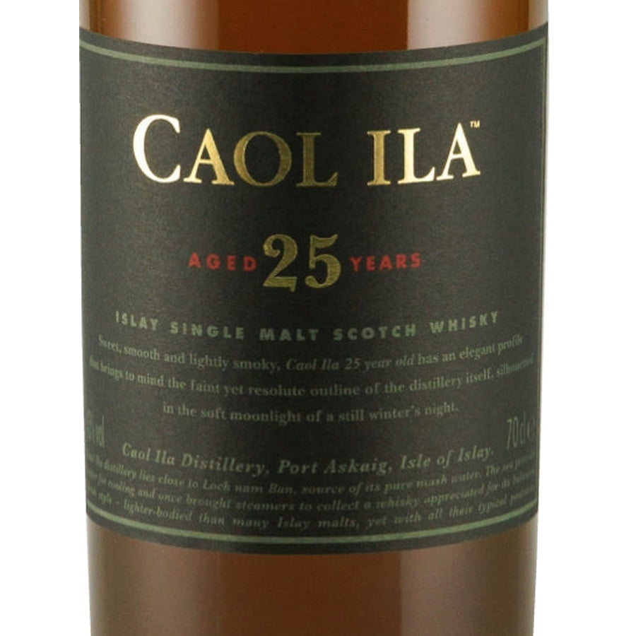 Caol Ila 25 Year Old front label with gold lettering on a dark green background