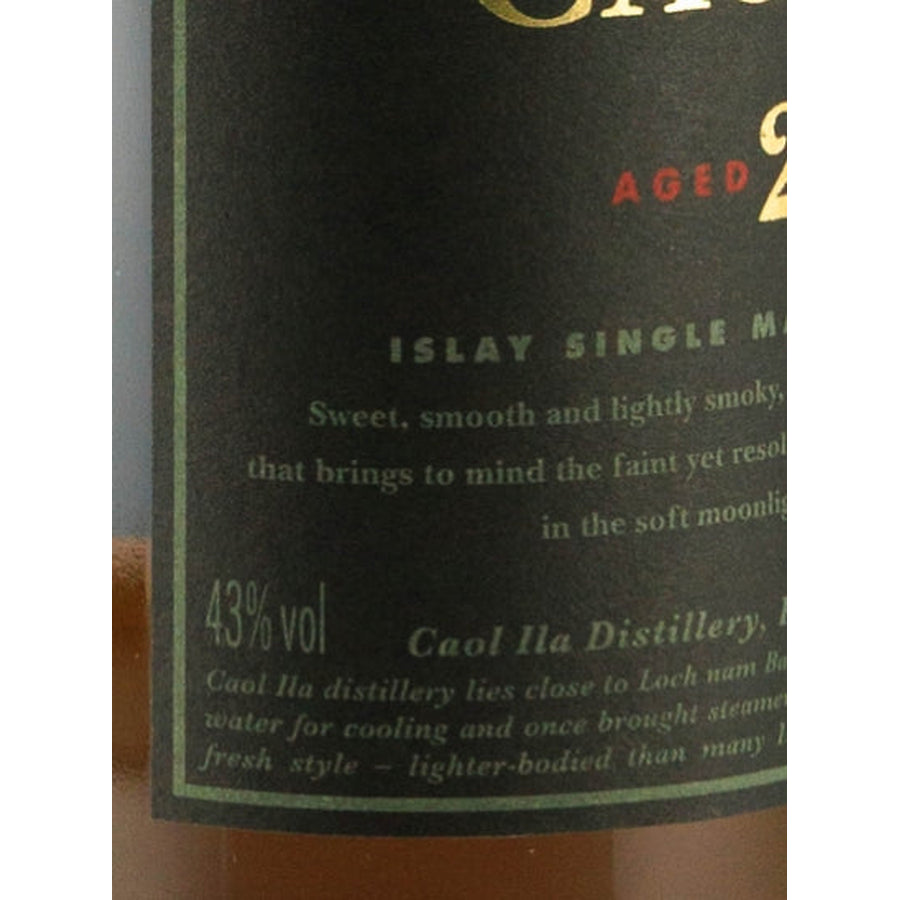Close-up of the Caol Ila 25 Year Old label showing 43% alcohol by volume