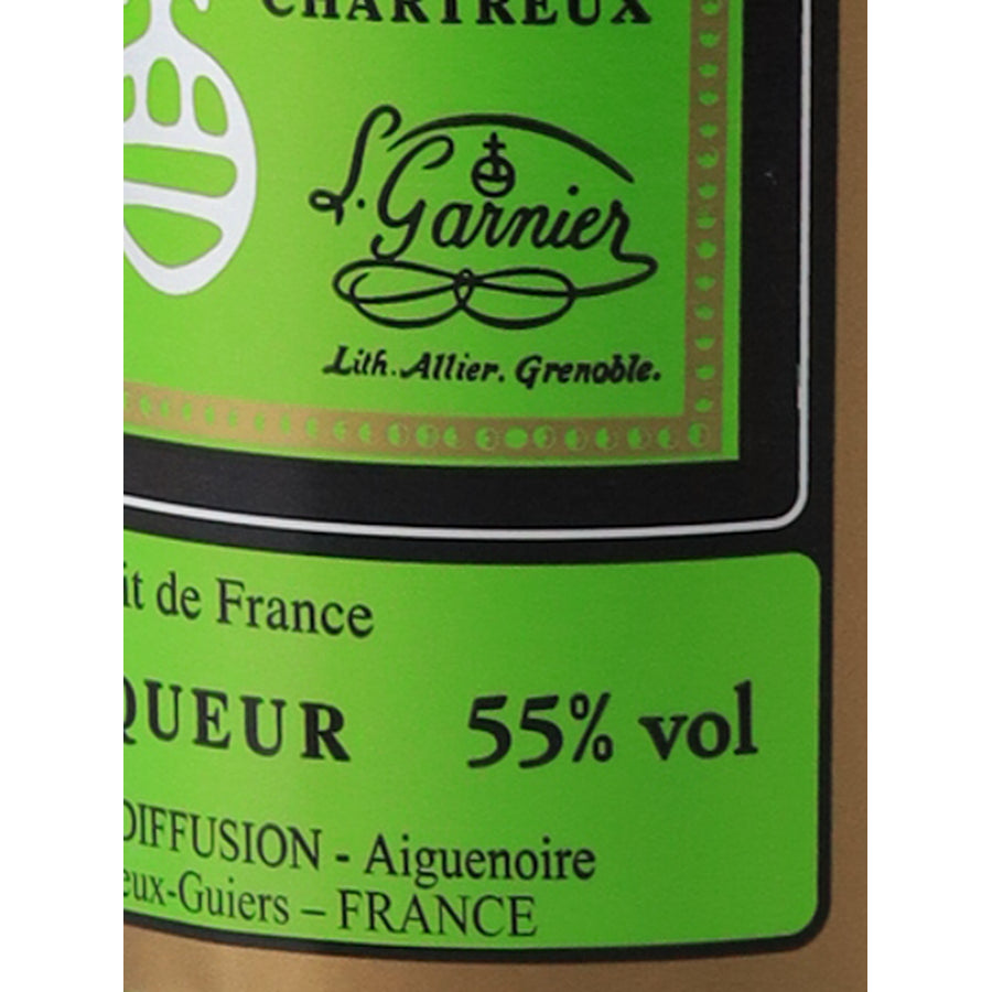 Chartreuse Green herbal liqueur, 55% ABV marking