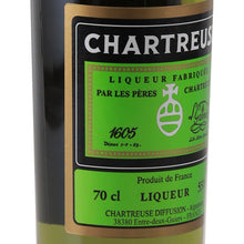 Load image into Gallery viewer, Chartreuse Green herbal liqueur, left angle of the front label