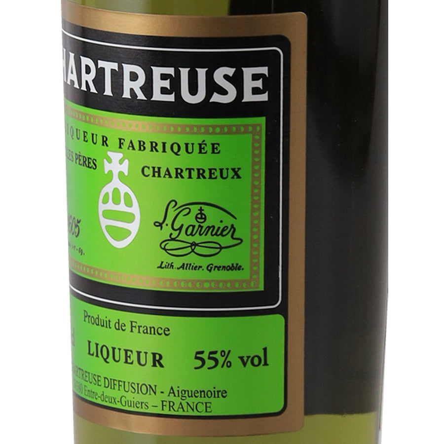 Chartreuse Green herbal liqueur, right angle of the front label