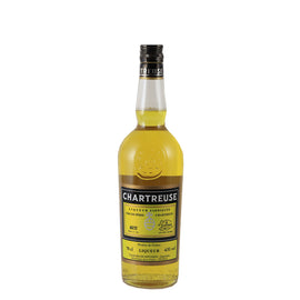 Chartreuse Yellow 43% liqueur bottle, front view with yellow liqueur