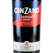 Load image into Gallery viewer, Cinzano Vermouth Rosso front label in red and blue with Torino 1757 emblem