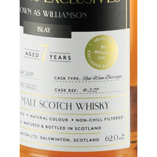 Load image into Gallery viewer, Claxton's Exclusives Williamson 7 Year Old 2015 62% 700ml - Red wine barrique cask 329 and 62% ABV label detail