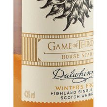 Load image into Gallery viewer, Dalwhinnie Winter's Frost Game of Thrones whisky, label detail showing 43% ABV