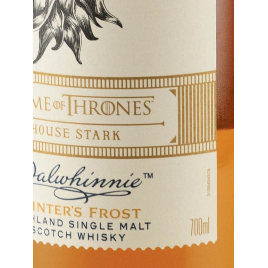 Dalwhinnie Winter's Frost Game of Thrones whisky, label detail showing 700ml size