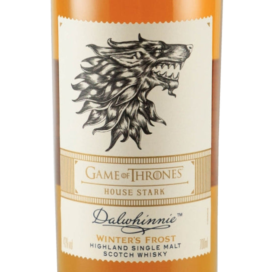 Dalwhinnie Winter's Frost Game of Thrones whisky, front label with House Stark direwolf