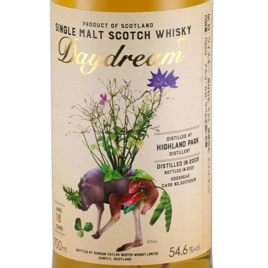 Daydream Highland Park 18 Year Old 2003 whisky, illustrated front label with botanical and animal artwork