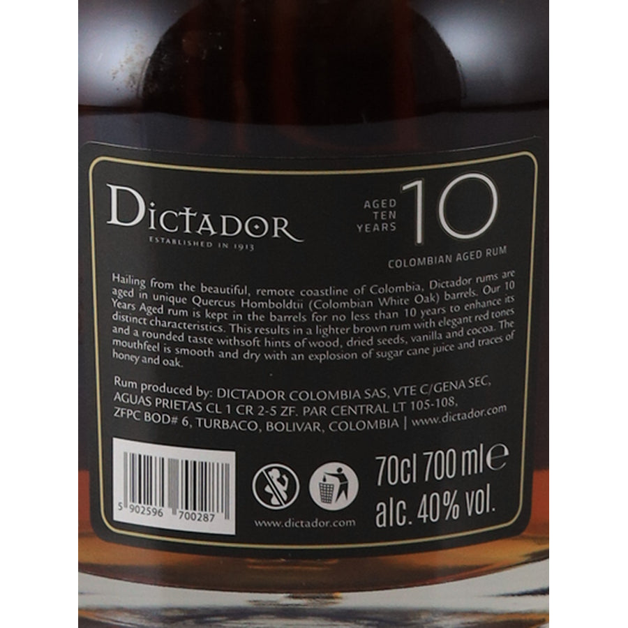 Dictador 10 Year Old Colombian rum 700ml - back label