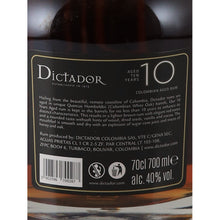 Load image into Gallery viewer, Dictador 10 Year Old Colombian rum 700ml - back label