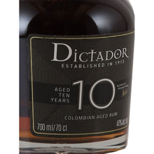 Load image into Gallery viewer, Dictador 10 Year Old Colombian rum 700ml - left label angle