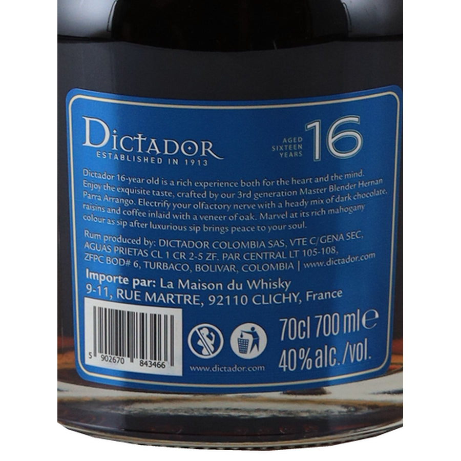 Dictador 16 Year Old Colombian rum 700ml - back label