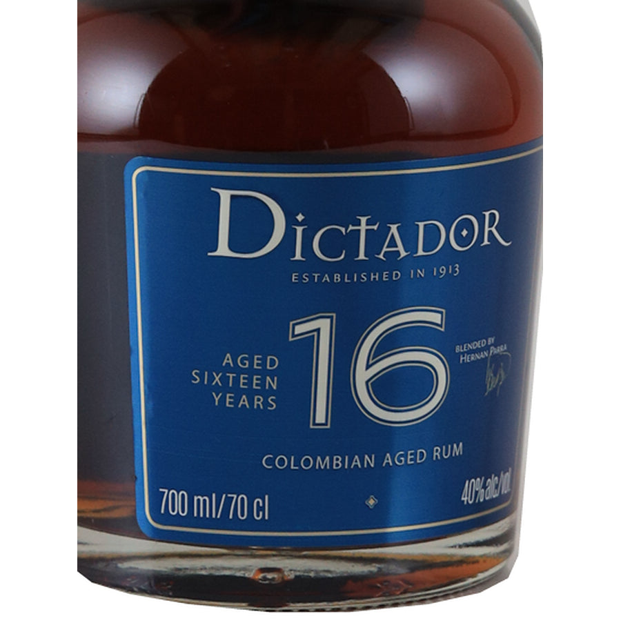 Dictador 16 Year Old Colombian rum 700ml - left label angle