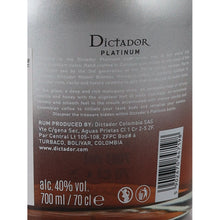 Load image into Gallery viewer, Dictador Platinum Colombian Aged Rum - back label