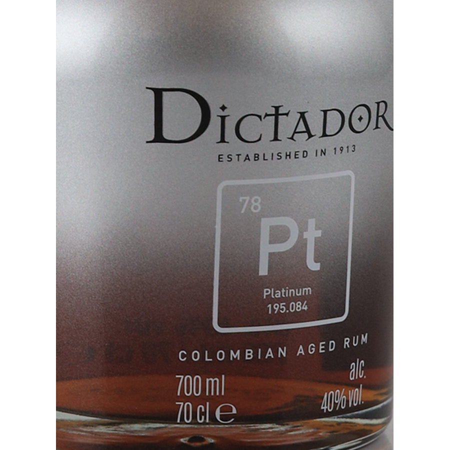 Dictador Platinum Colombian Aged Rum - front label left angle