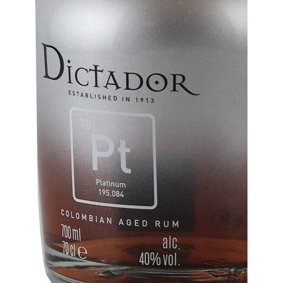 Dictador Platinum Colombian Aged Rum - front label right angle
