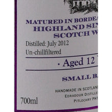Load image into Gallery viewer, Edradour 12 Year Old 2012 Bordeaux Wine Cask Matured 48.2% - distillation and volume label