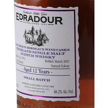 Load image into Gallery viewer, Edradour 12 Year Old 2012 Bordeaux Wine Cask Matured 48.2% - front label right angle