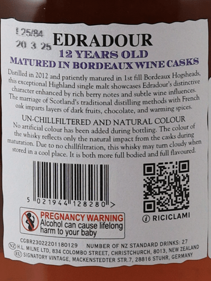 Edradour 12 Year Old 2012 Bordeaux Wine Cask Matured - Bottle Of Japan