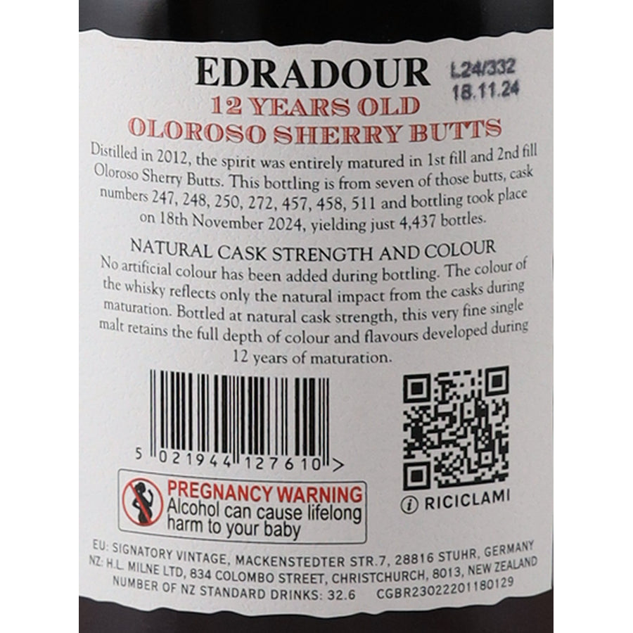 Edradour 12 Year Old 2012 Oloroso Sherry 59% - back label