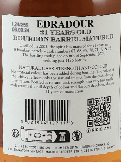 Edradour 21 Year Old 2003 Bourbon Barrel - Bottle Of Japan