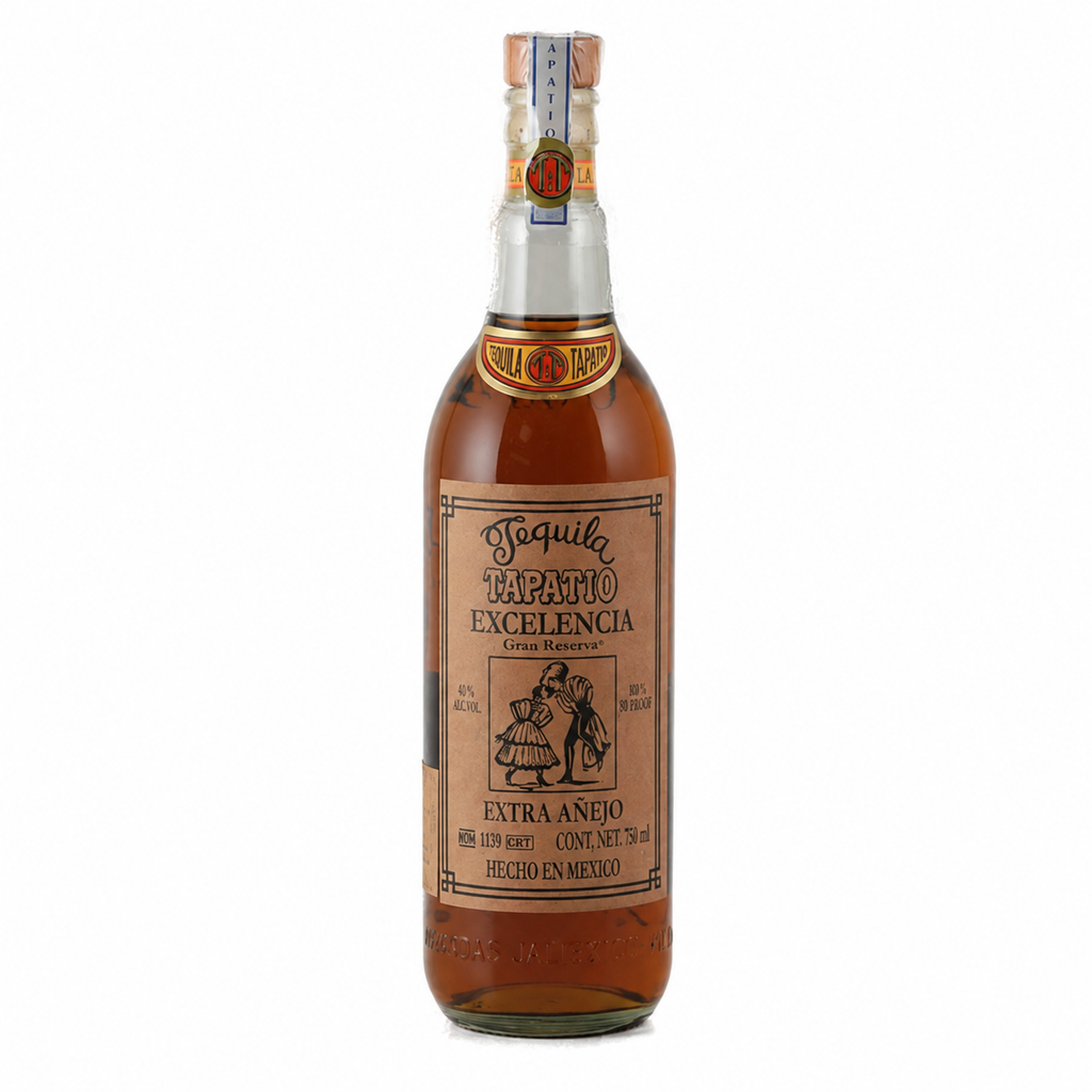 A bottle of Tequila Especial in a clear glass bottle showing the amber liquid inside, with a brown label and a silver cap, on a white background.
