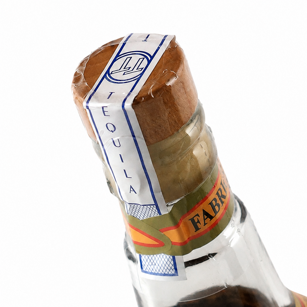 Close-up of a tequila bottle neck with a cork stopper and a paper seal label reading TEQUILA, plus a decorative neck label with orange, green, and gold details on a white background.