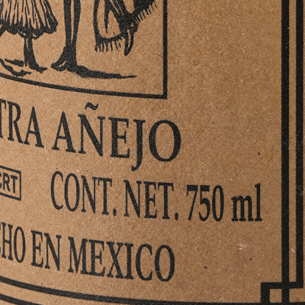 Close-up of a kraft paper label with black printed text reading 'TRAZA AÑEJO', 'CONT. NET.