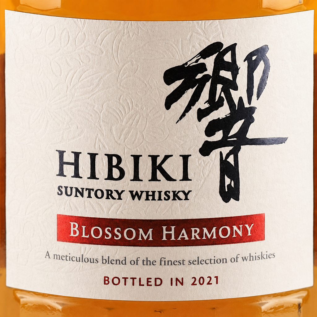 Close-up of the Hibiki Blossom Harmony front label with floral texture and Bottled in 2021 lettering
